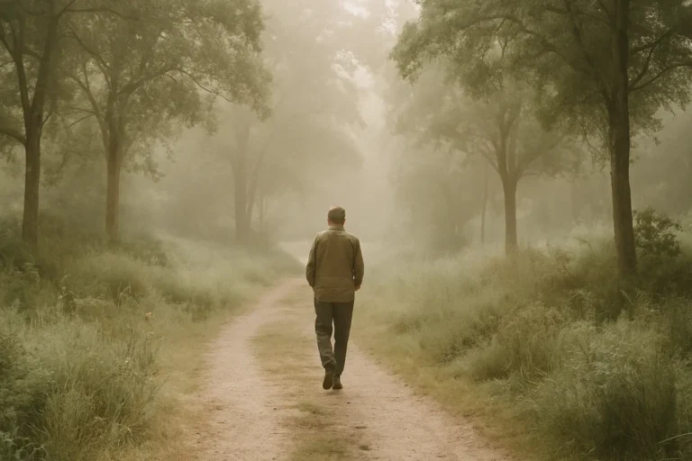 A middle-aged person walks slowly along a winding forest path surrounded by soft greenery and diffused sunlight