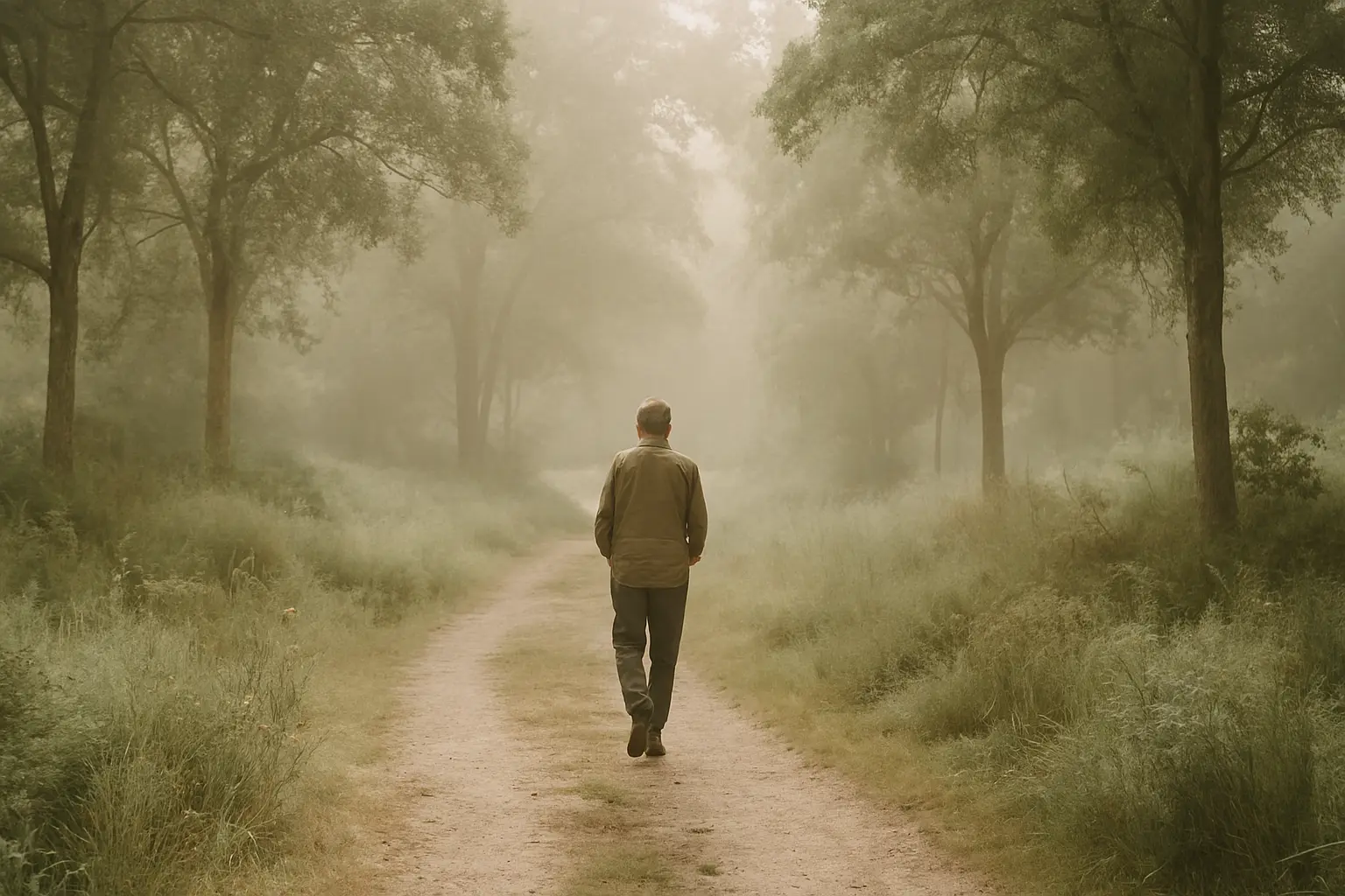 A middle-aged person walks slowly along a winding forest path surrounded by soft greenery and diffused sunlight